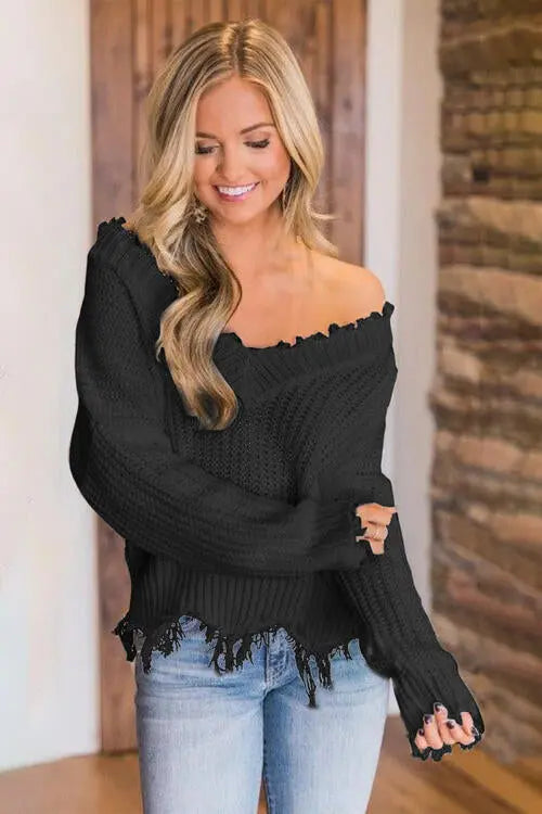 Frayed Hem Dropped Shoulder Sweater Trendsi