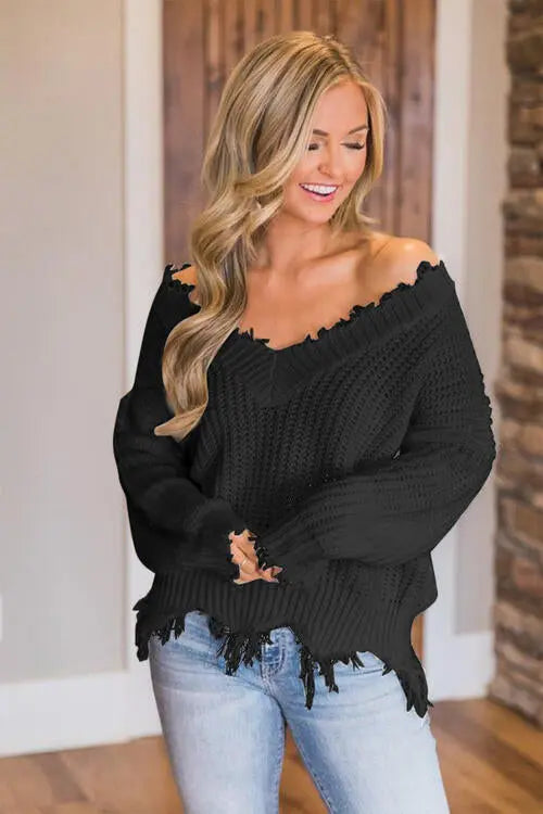 Frayed Hem Dropped Shoulder Sweater Trendsi