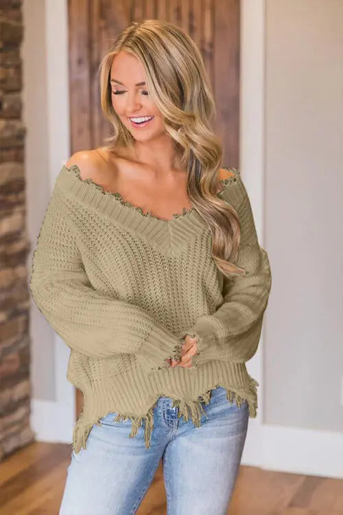 Frayed Hem Dropped Shoulder Sweater Trendsi