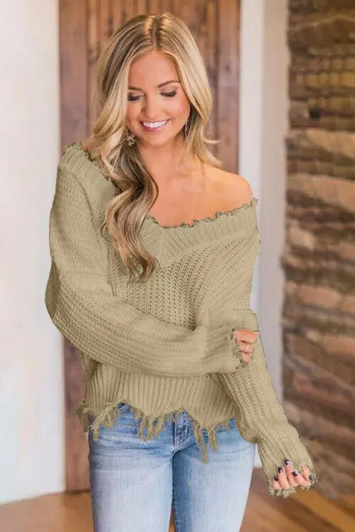 Frayed Hem Dropped Shoulder Sweater Trendsi