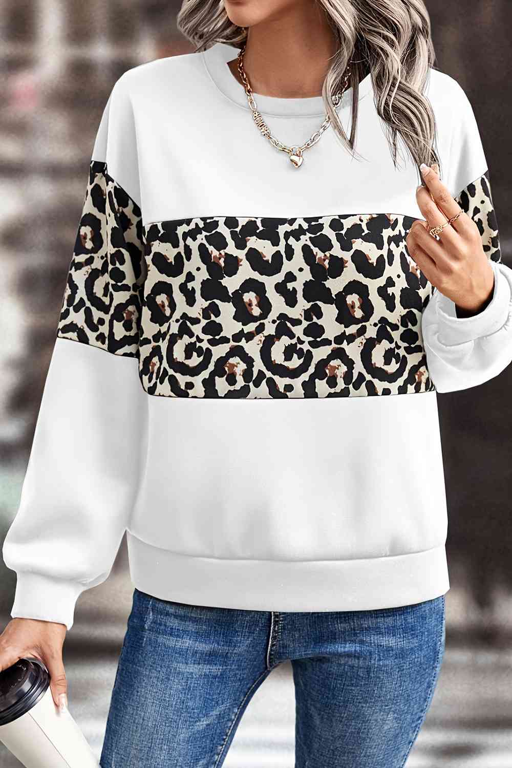 Leopard Dropped Shoulder Sweatshirt Trendsi