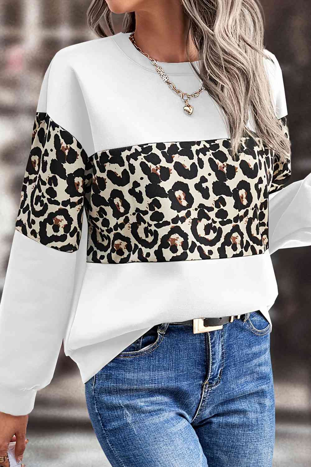 Leopard Dropped Shoulder Sweatshirt Trendsi