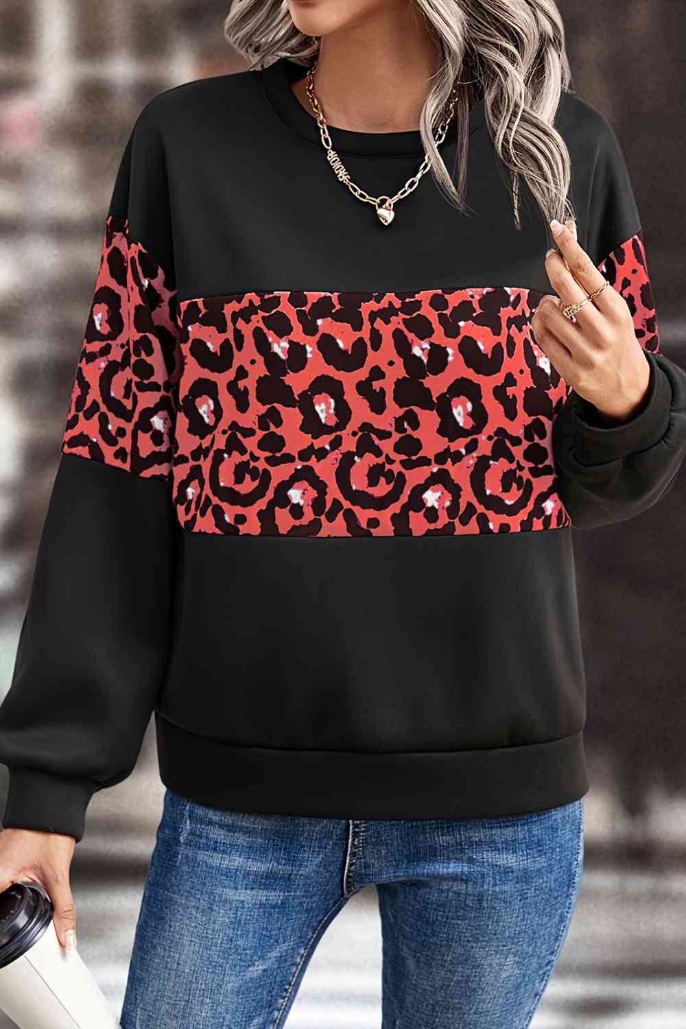 Leopard Dropped Shoulder Sweatshirt Trendsi