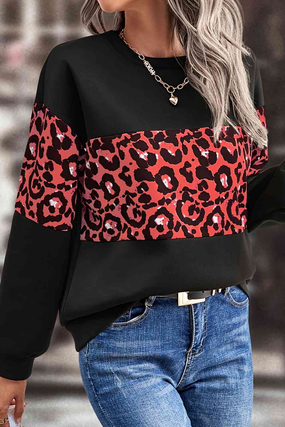 Leopard Dropped Shoulder Sweatshirt Trendsi