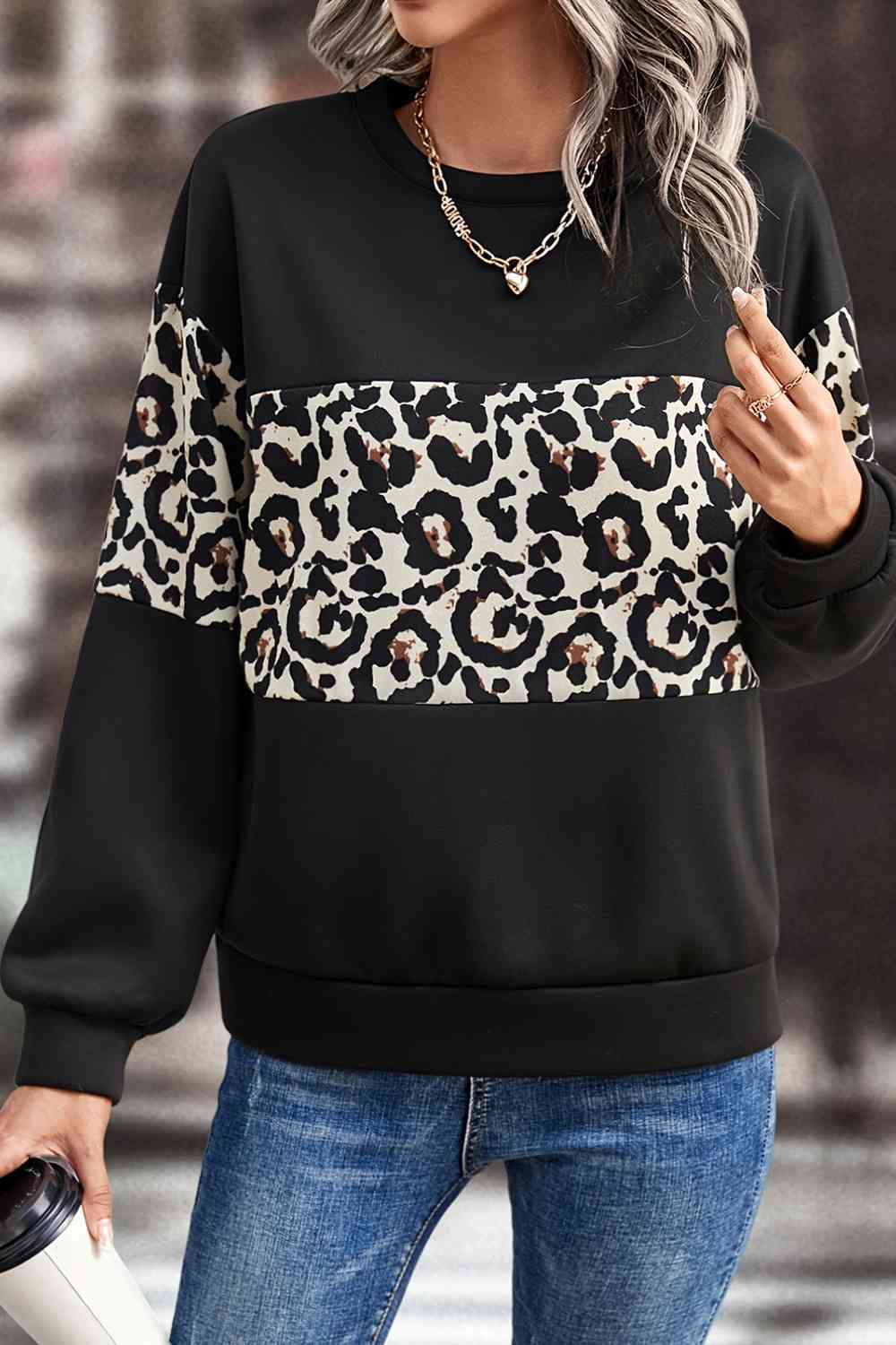 Leopard Dropped Shoulder Sweatshirt Trendsi