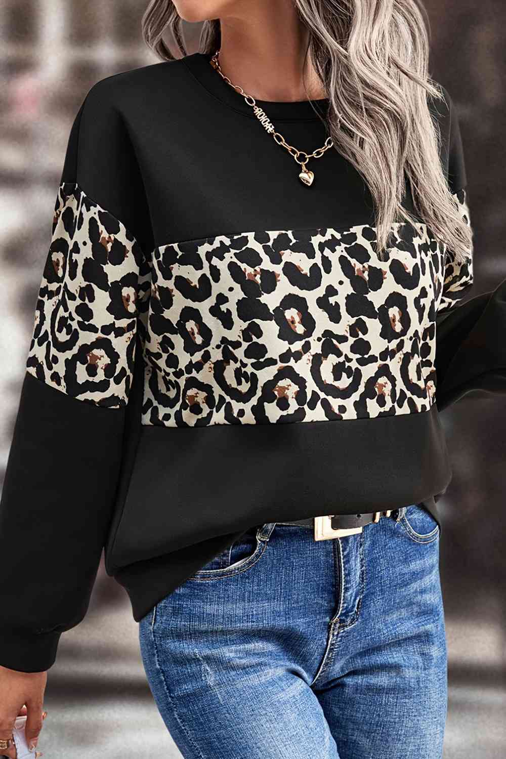 Leopard Dropped Shoulder Sweatshirt Trendsi