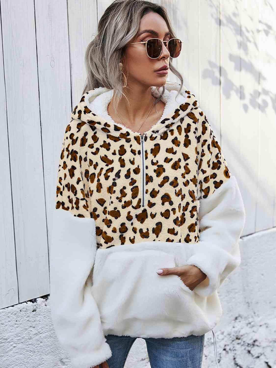 Leopard Half-Zip Dropped Shoulder Hoodie Trendsi