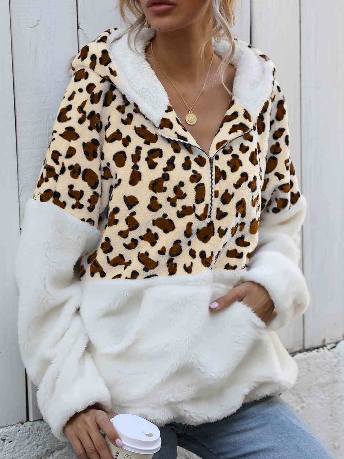 Leopard Half-Zip Dropped Shoulder Hoodie Trendsi