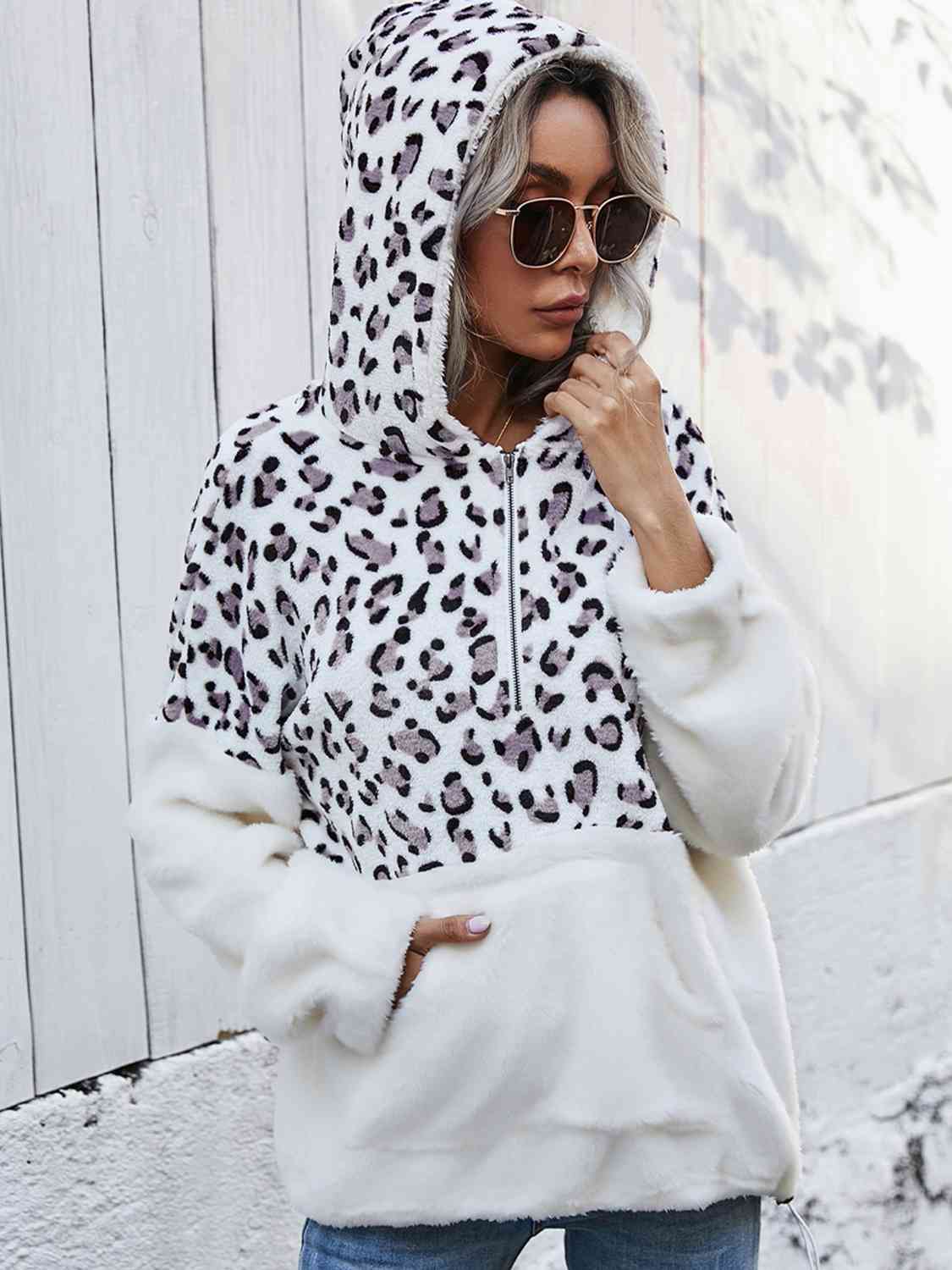 Leopard Half-Zip Dropped Shoulder Hoodie Trendsi