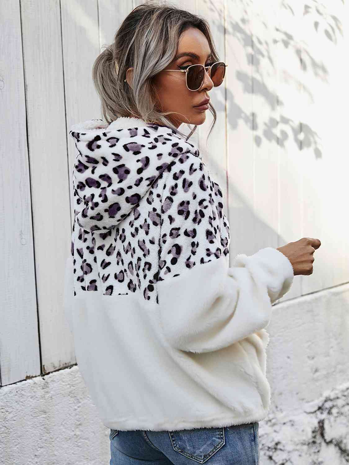 Leopard Half-Zip Dropped Shoulder Hoodie Trendsi