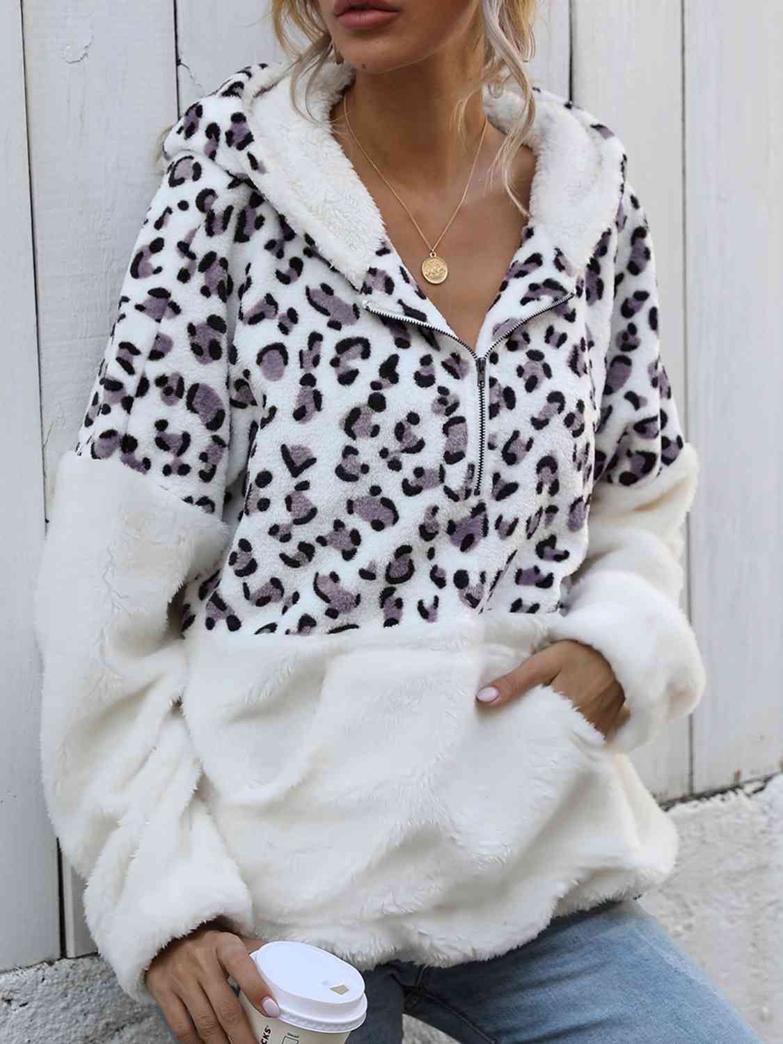 Leopard Half-Zip Dropped Shoulder Hoodie Trendsi