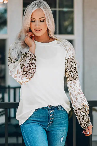 Leopard Round Neck Dropped Shoulder T-Shirt Trendsi