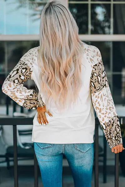 Leopard Round Neck Dropped Shoulder T-Shirt Trendsi