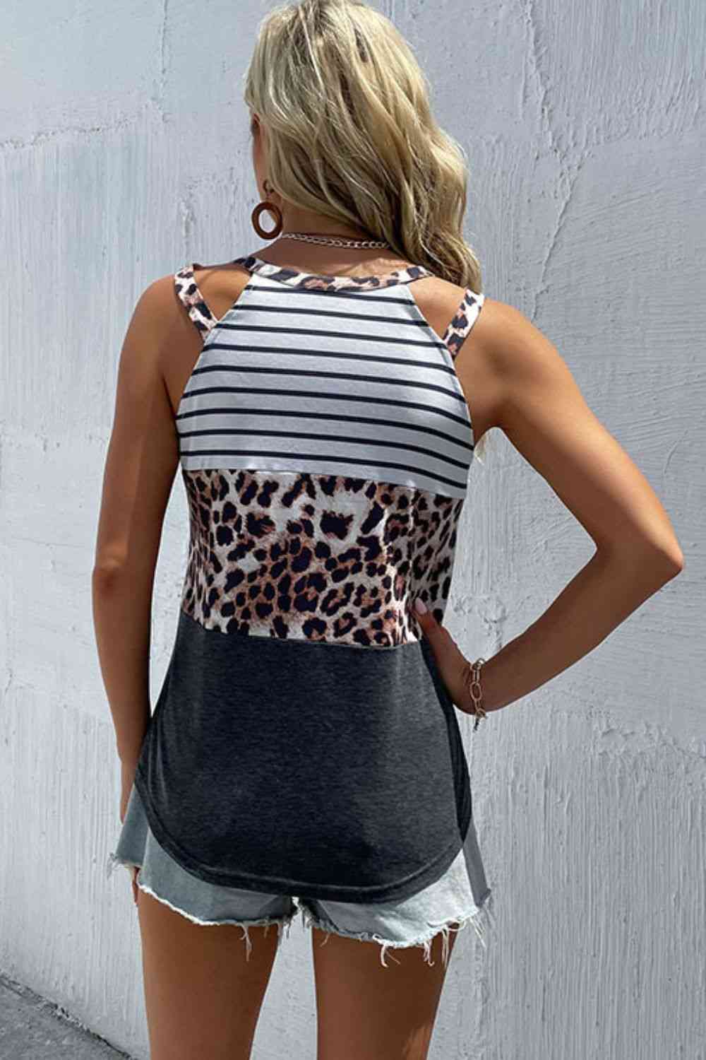 Leopard Striped Color Block Cutout Tank Trendsi