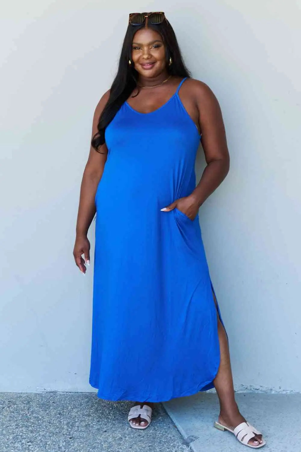 Ninexis Good Energy Full Size Cami Side Slit Maxi Dress in Royal Blue Trendsi