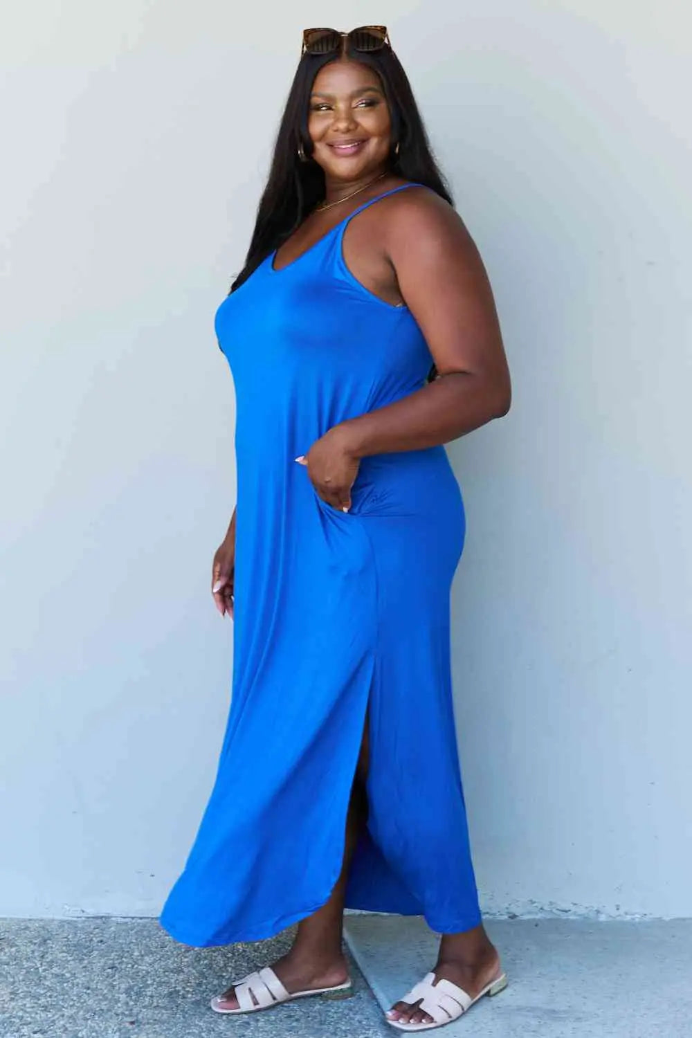 Ninexis Good Energy Full Size Cami Side Slit Maxi Dress in Royal Blue Trendsi