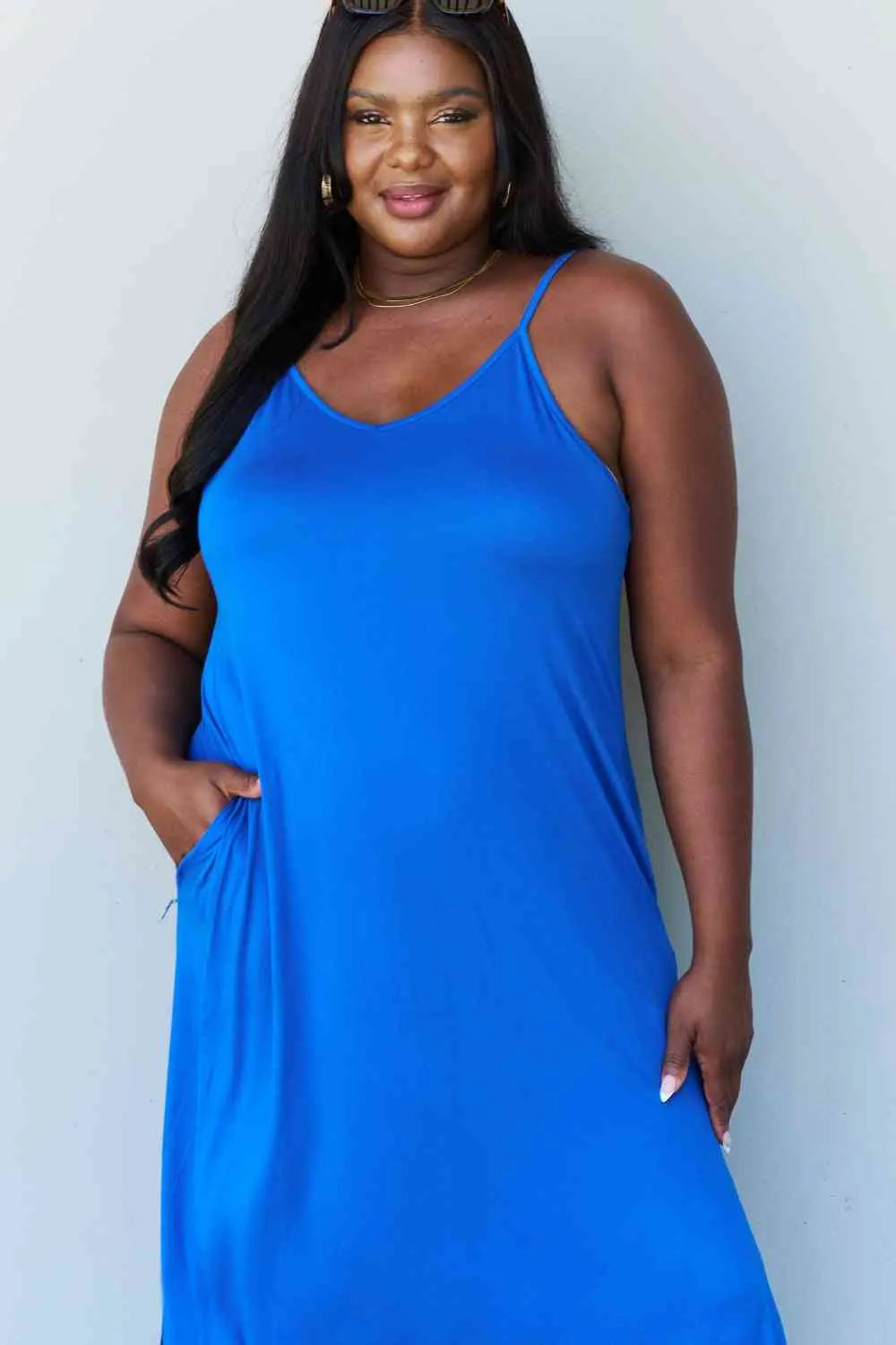 Ninexis Good Energy Full Size Cami Side Slit Maxi Dress in Royal Blue Trendsi