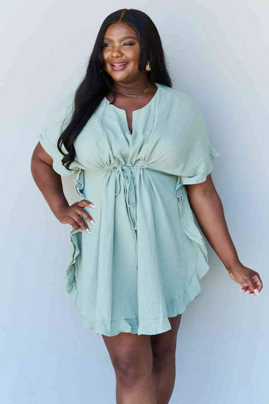 Ninexis Out Of Time Full Size Ruffle Hem Dress with Drawstring Waistband in Light Sage Trendsi