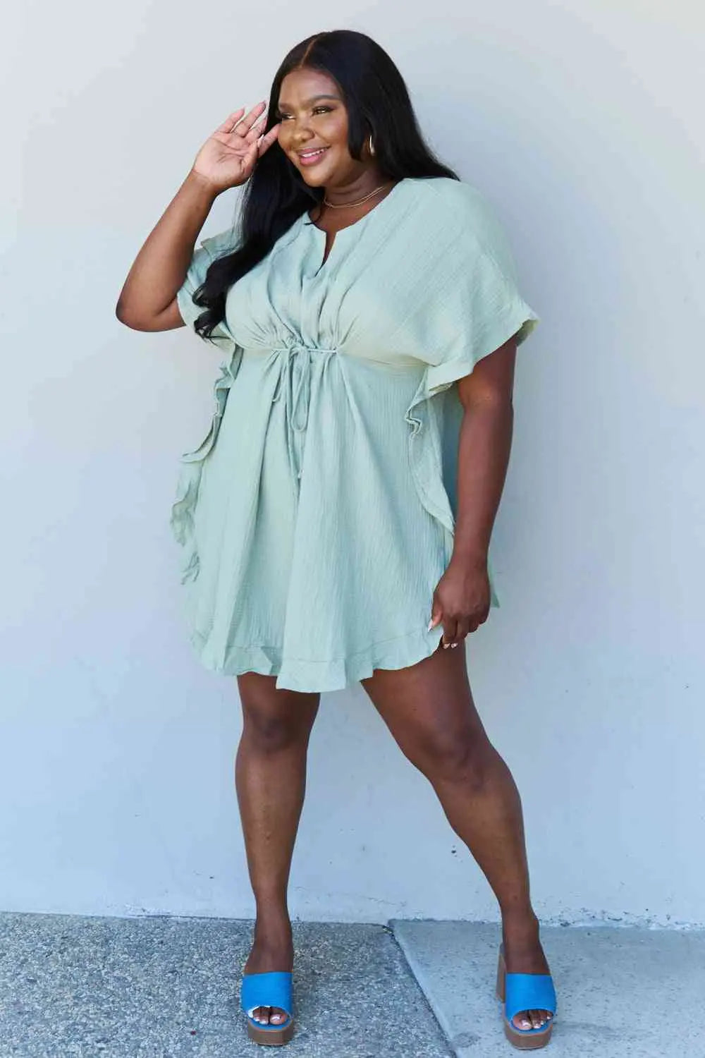 Ninexis Out Of Time Full Size Ruffle Hem Dress with Drawstring Waistband in Light Sage Trendsi