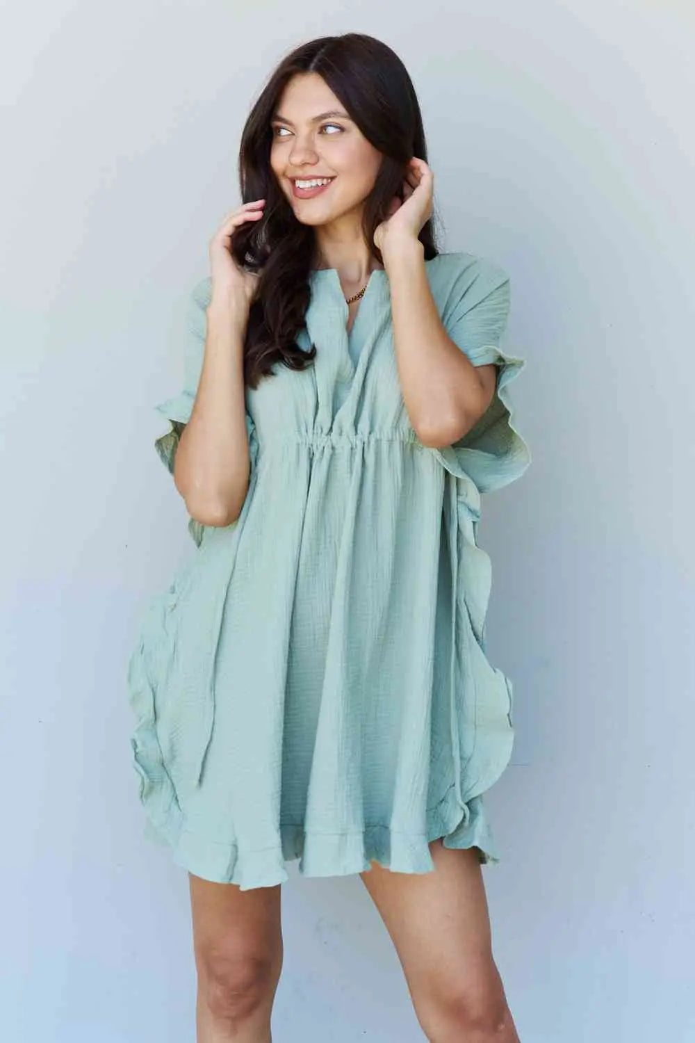 Ninexis Out Of Time Full Size Ruffle Hem Dress with Drawstring Waistband in Light Sage Trendsi