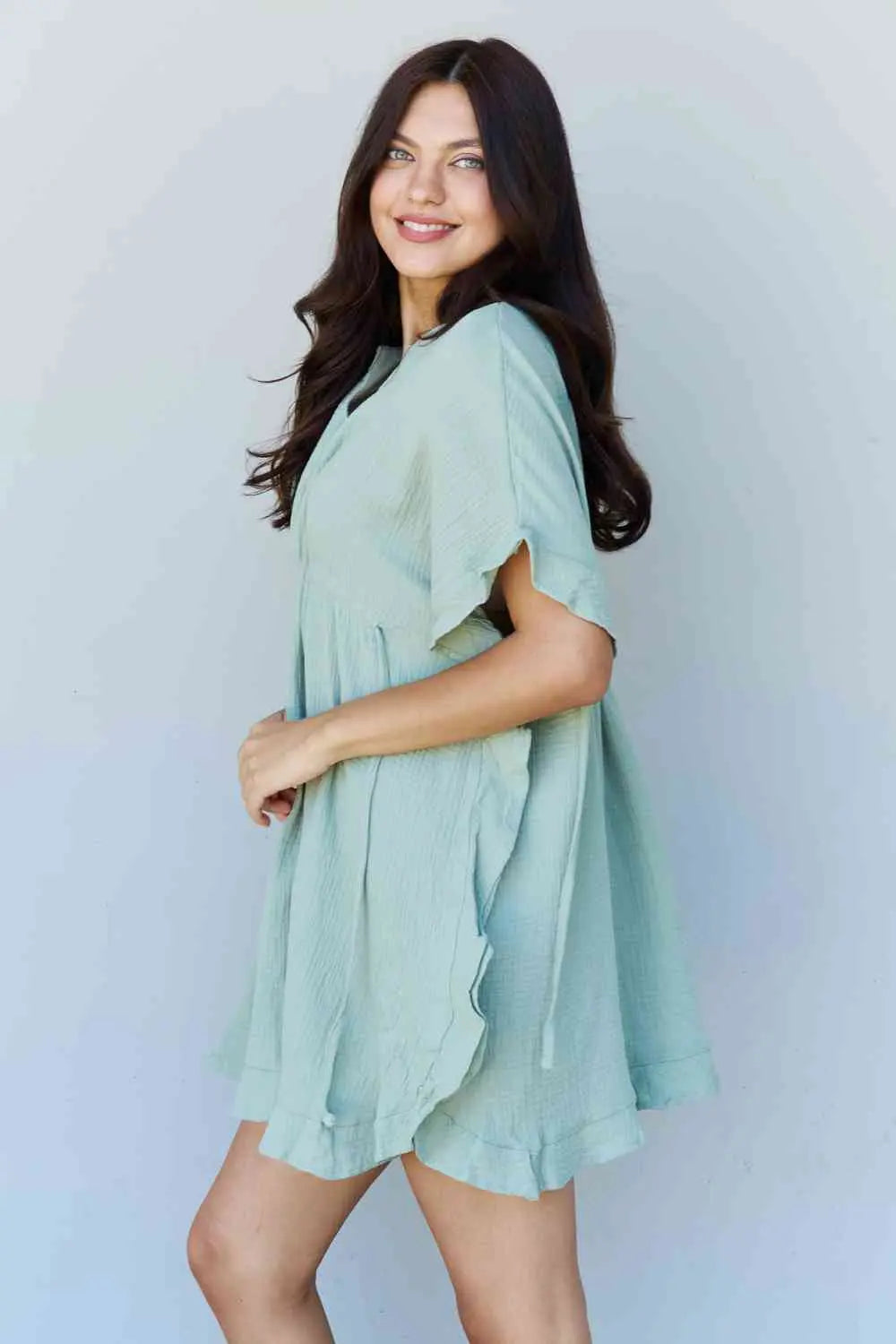 Ninexis Out Of Time Full Size Ruffle Hem Dress with Drawstring Waistband in Light Sage Trendsi