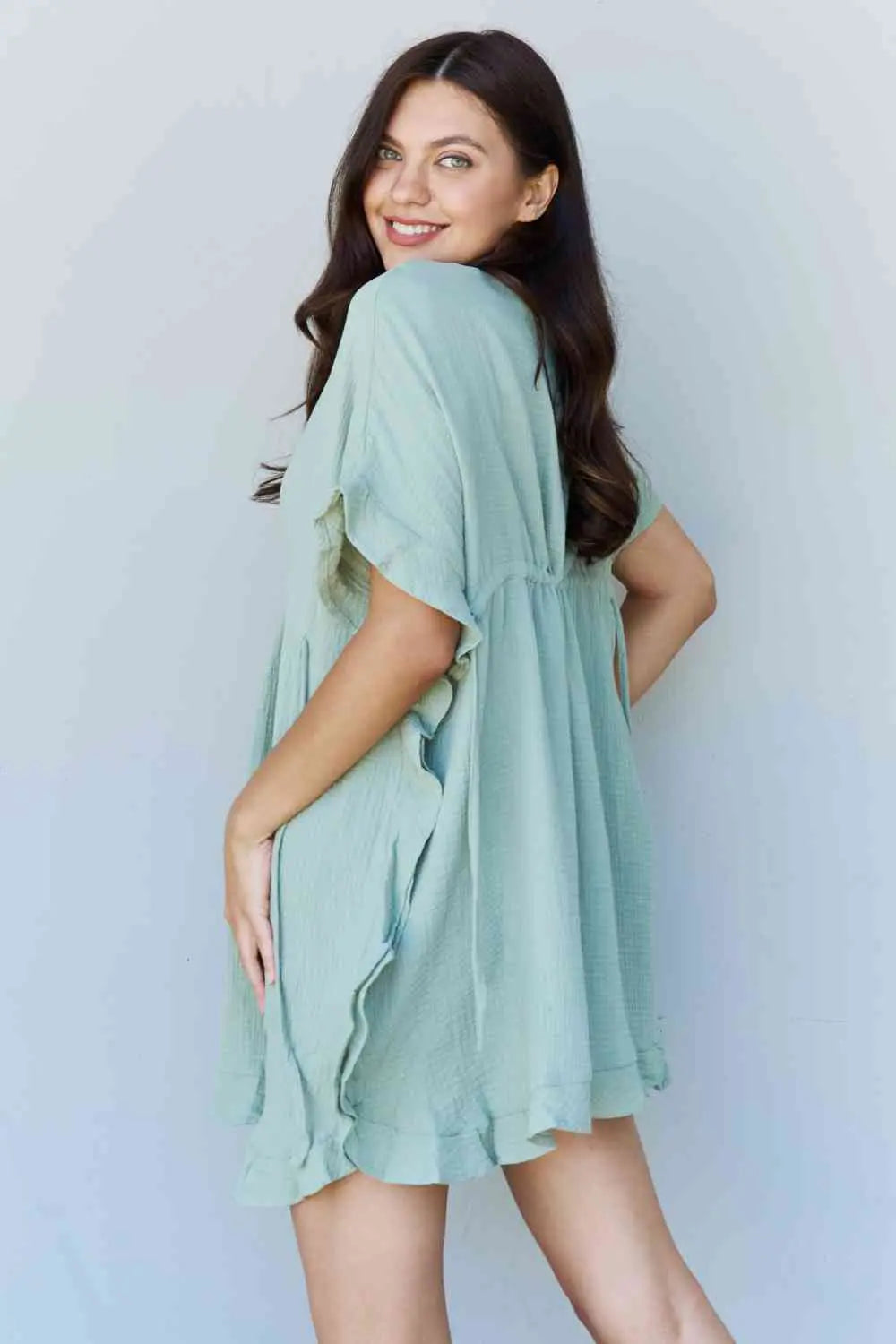 Ninexis Out Of Time Full Size Ruffle Hem Dress with Drawstring Waistband in Light Sage Trendsi