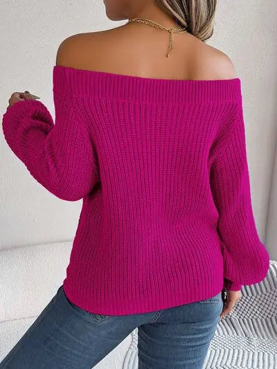 Openwork Off-Shoulder Long Sleeve Sweater Trendsi