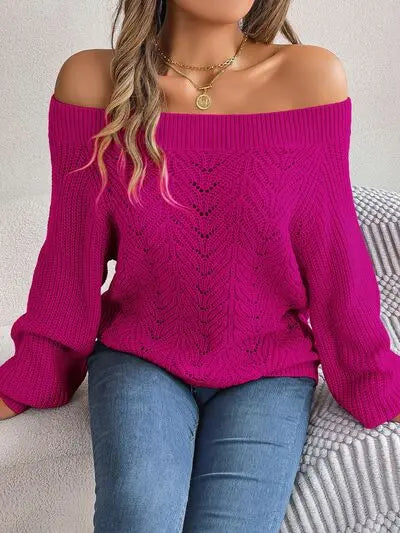 Openwork Off-Shoulder Long Sleeve Sweater Trendsi