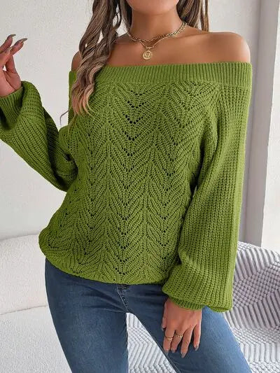 Openwork Off-Shoulder Long Sleeve Sweater Trendsi