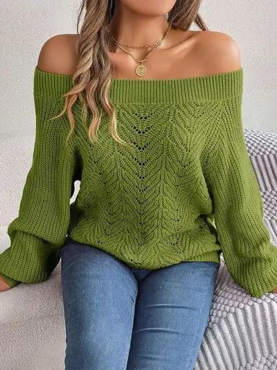 Openwork Off-Shoulder Long Sleeve Sweater Trendsi