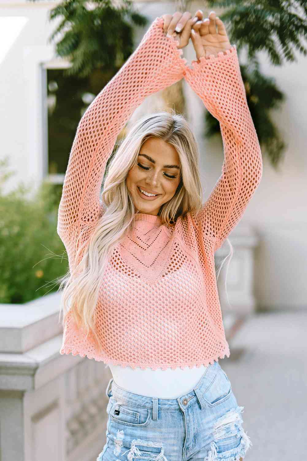 Openwork Round Neck Long Sleeve Knit Top Trendsi