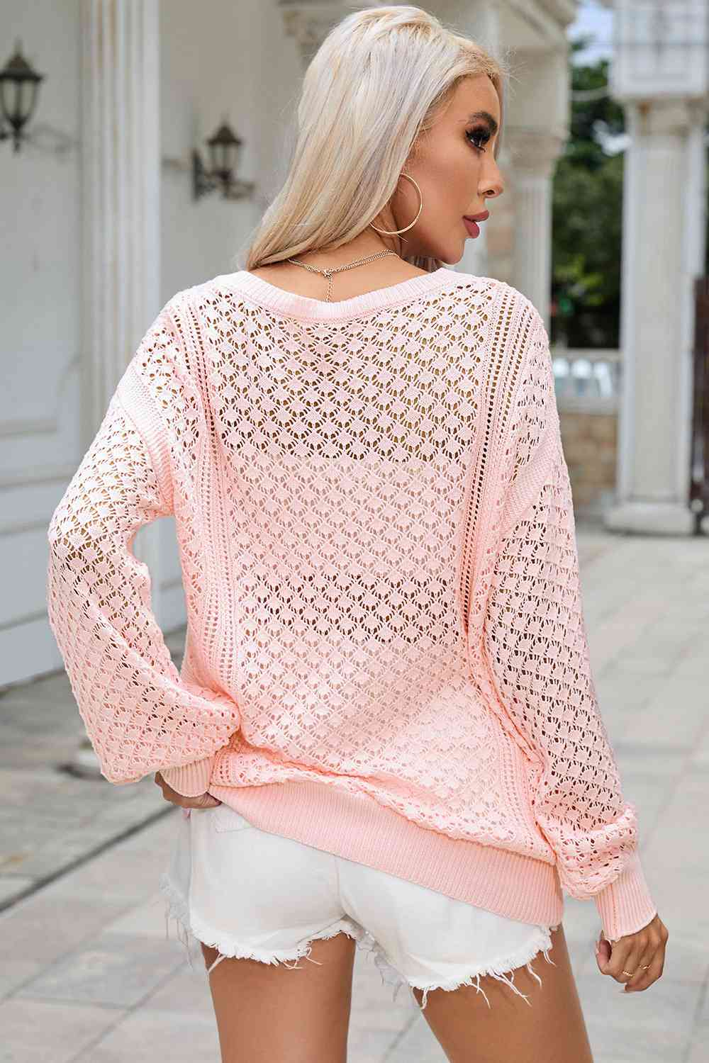 Openwork V-Neck Sweater Trendsi