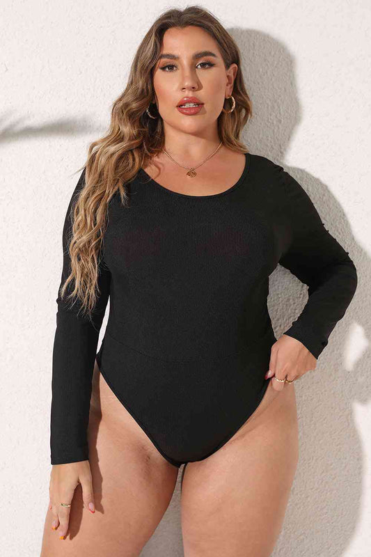 Plus Size Round Neck Long Sleeve Bodysuit Trendsi