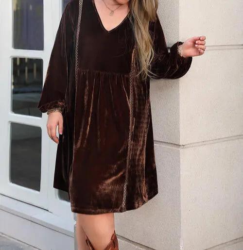 Plus Size V-Neck Balloon Sleeves Dress Trendsi