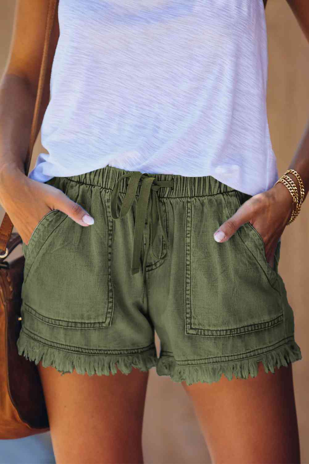 Pocketed Frayed Denim Shorts Trendsi