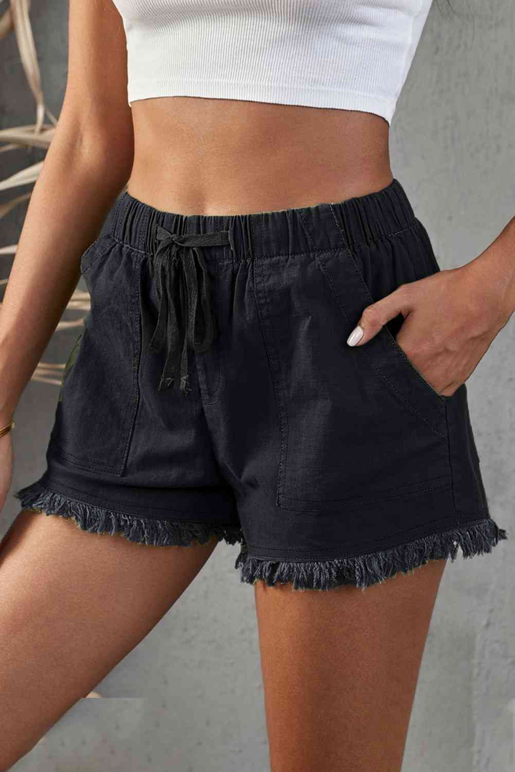 Pocketed Frayed Denim Shorts Trendsi