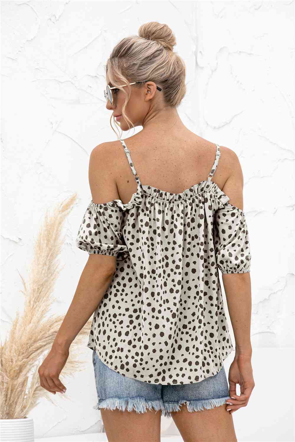 Printed Cold-Shoulder Frill Trim Blouse Trendsi