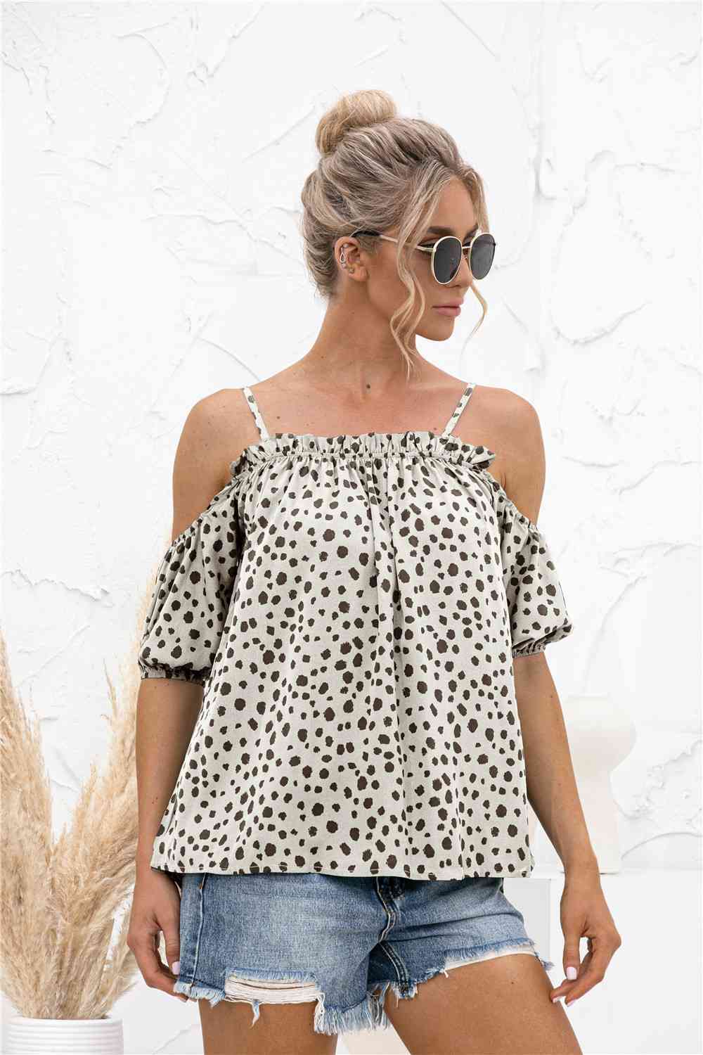 Printed Cold-Shoulder Frill Trim Blouse Trendsi