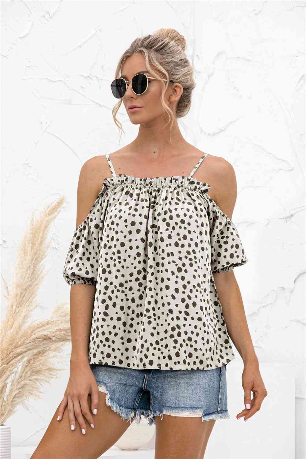 Printed Cold-Shoulder Frill Trim Blouse Trendsi