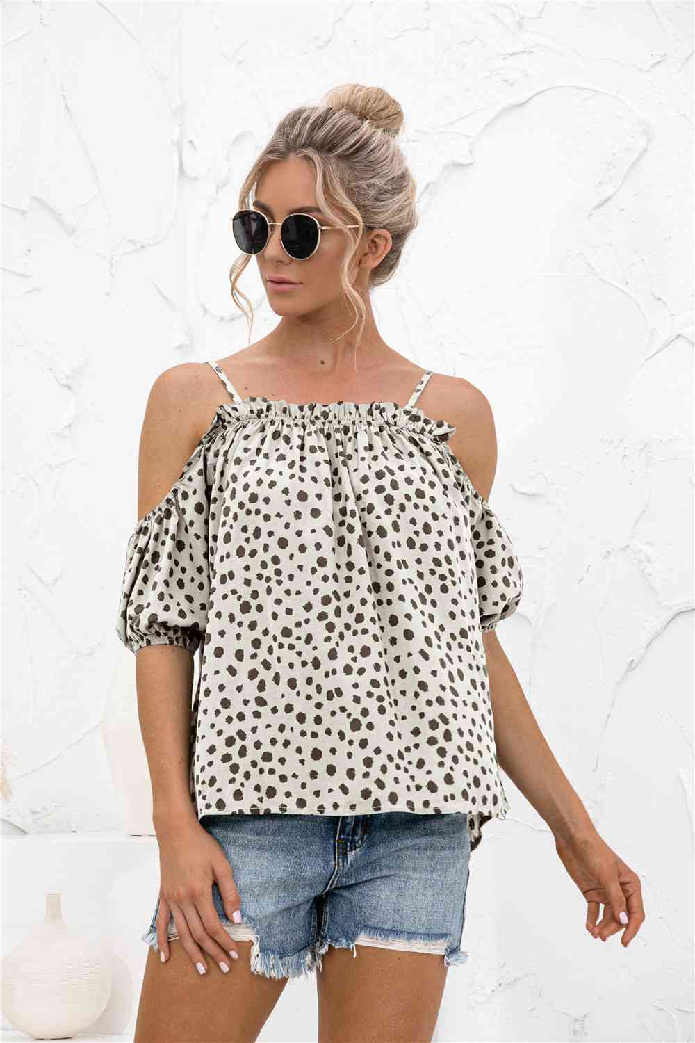 Printed Cold-Shoulder Frill Trim Blouse Trendsi