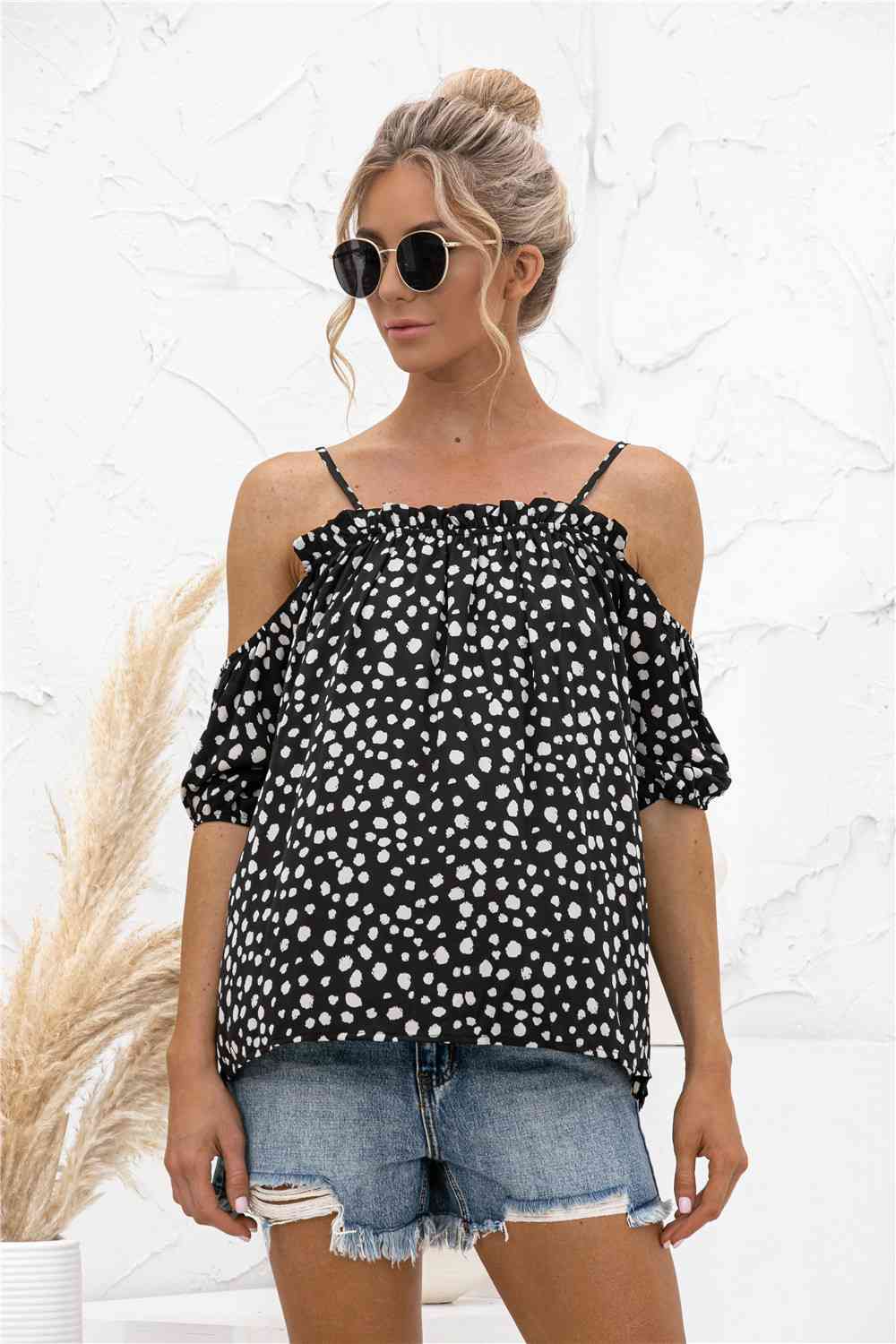 Printed Cold-Shoulder Frill Trim Blouse Trendsi