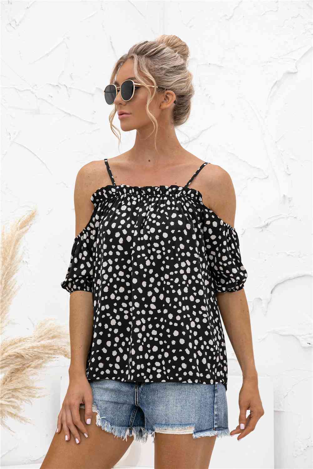 Printed Cold-Shoulder Frill Trim Blouse Trendsi