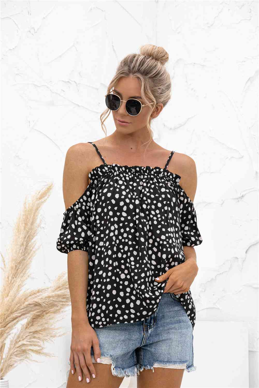 Printed Cold-Shoulder Frill Trim Blouse Trendsi