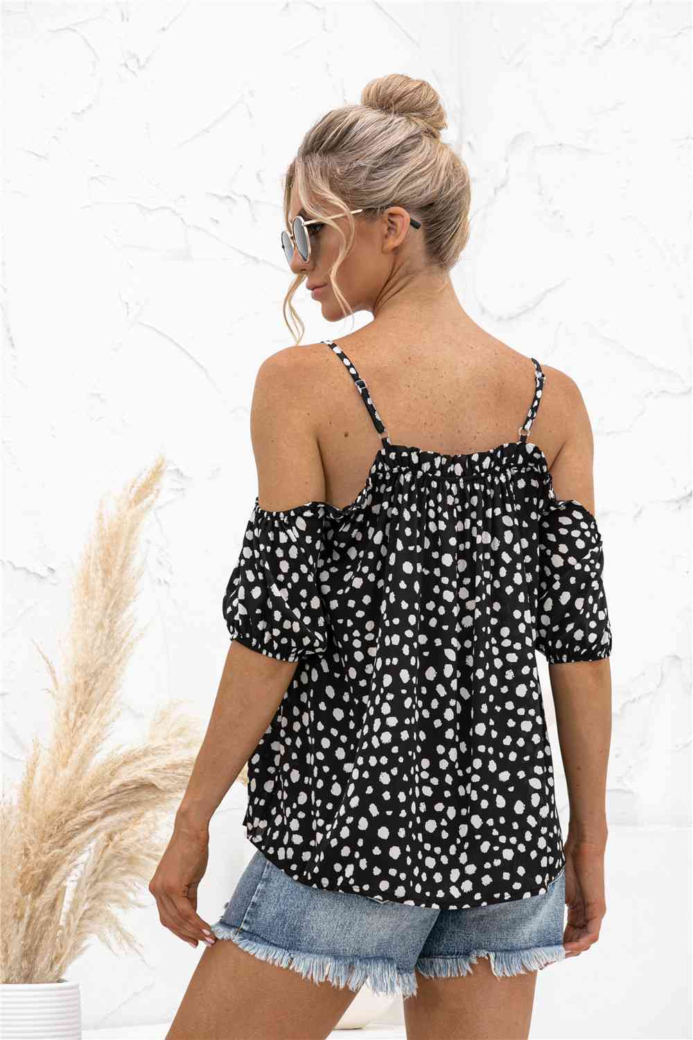 Printed Cold-Shoulder Frill Trim Blouse Trendsi