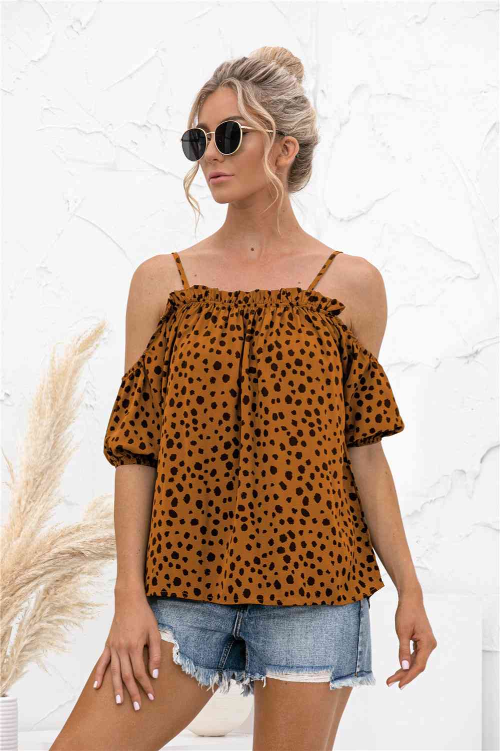 Printed Cold-Shoulder Frill Trim Blouse Trendsi