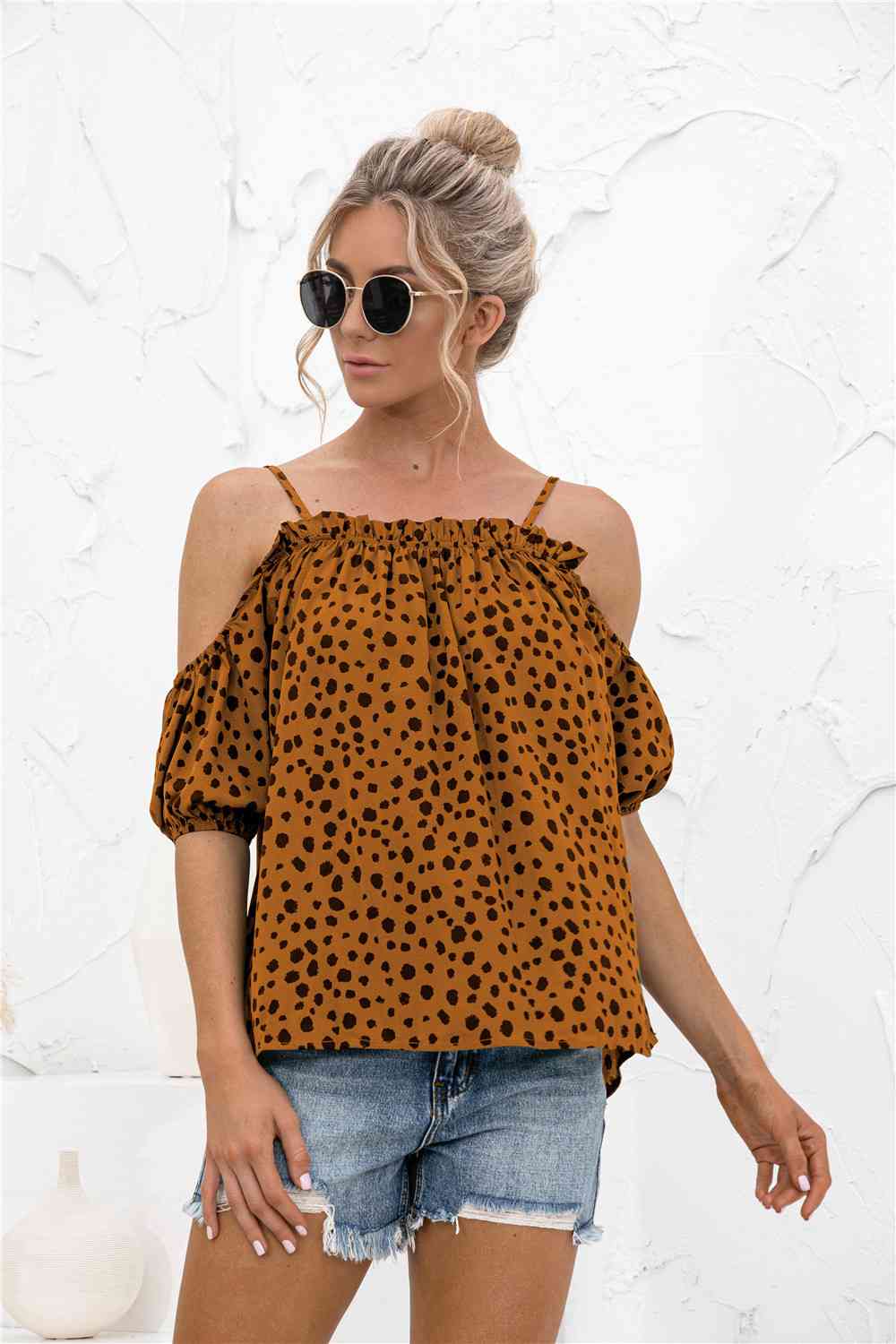 Printed Cold-Shoulder Frill Trim Blouse Trendsi