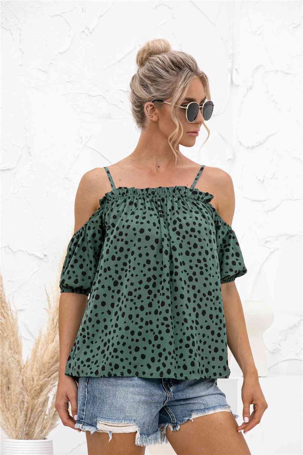 Printed Cold-Shoulder Frill Trim Blouse Trendsi