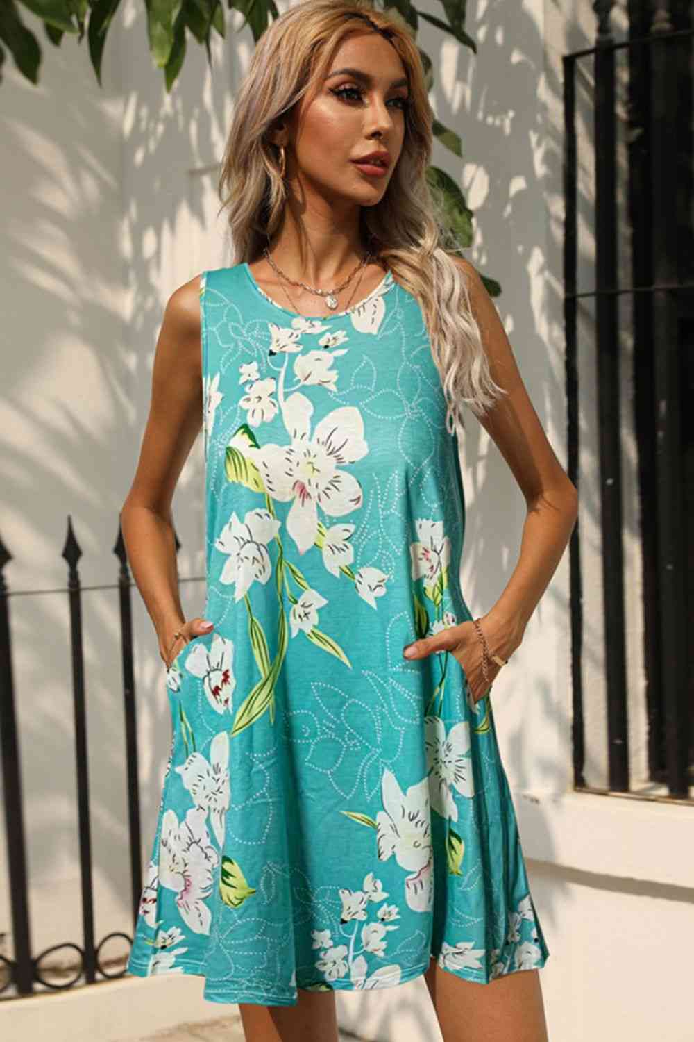 Printed Round Neck Sleeveless Dress with Pockets Trendsi