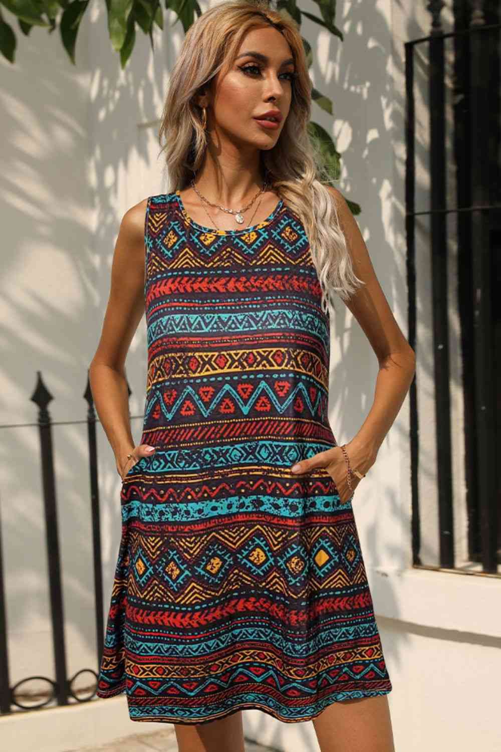 Printed Round Neck Sleeveless Dress with Pockets Trendsi