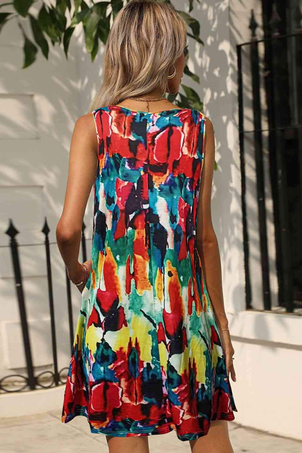 Printed Round Neck Sleeveless Dress with Pockets Trendsi